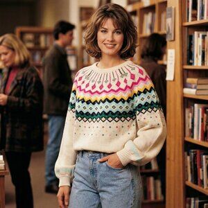 Crown & Ivy Women Luxe Fair Isle Colorful Knit Sweater XXL Preppy Coquette Chic